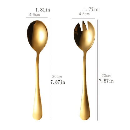 Set of 2 gold-plated stainless steel salad utensils for various dishes.