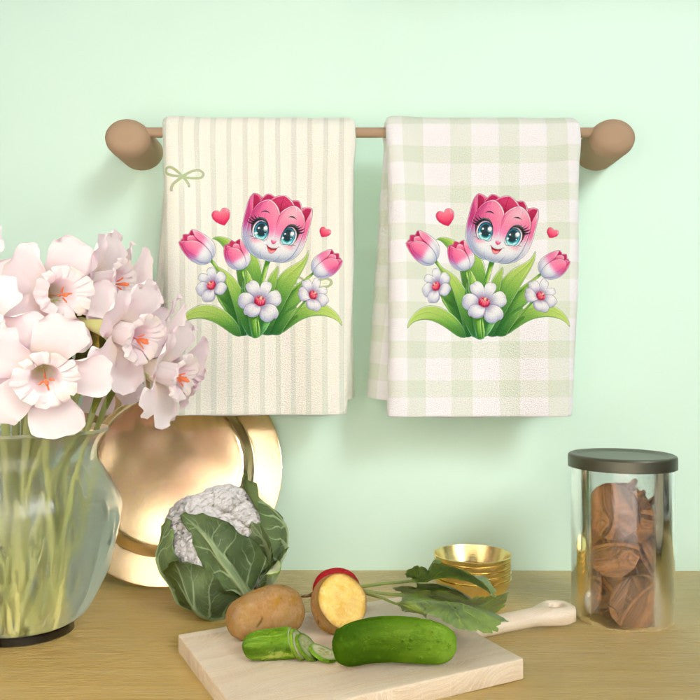 Two pieces of incredibly soft decorative towels featuring a whimsical flower design. These towels measure 45.72x66.04 cm and are both quick-dry and highly absorbent, making them perfect for use in the kitchen or bathroom. They are also machine washable