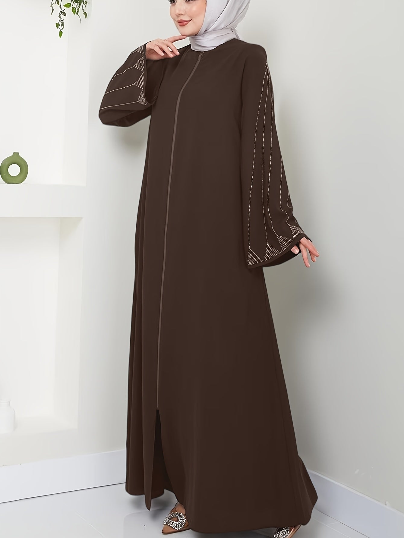 Brown rhinestone-embellished loose fit dress for Muslim women's fashion