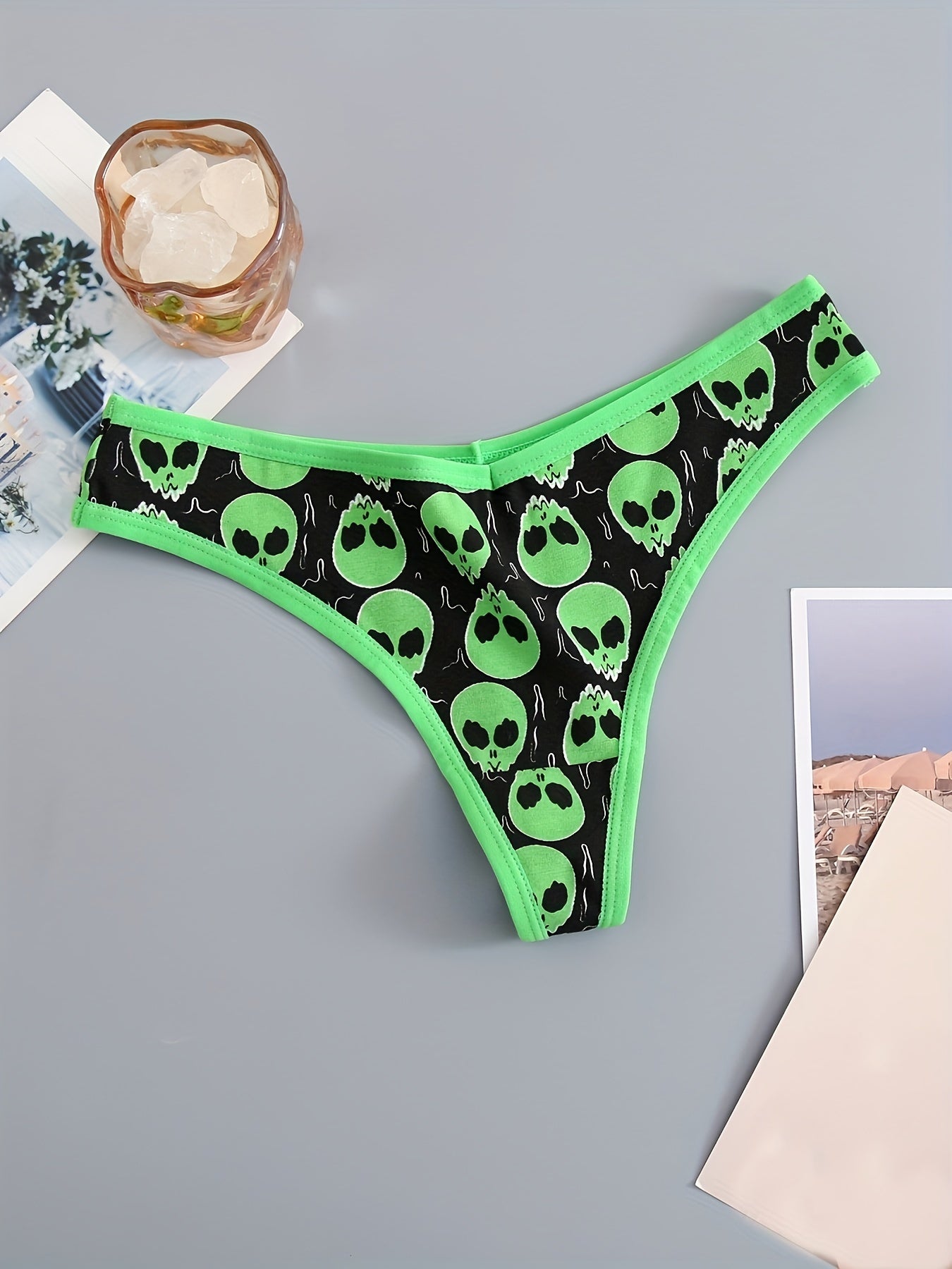 3 Skull Print Thongs, Soft & Stretchy Women's Lingerie