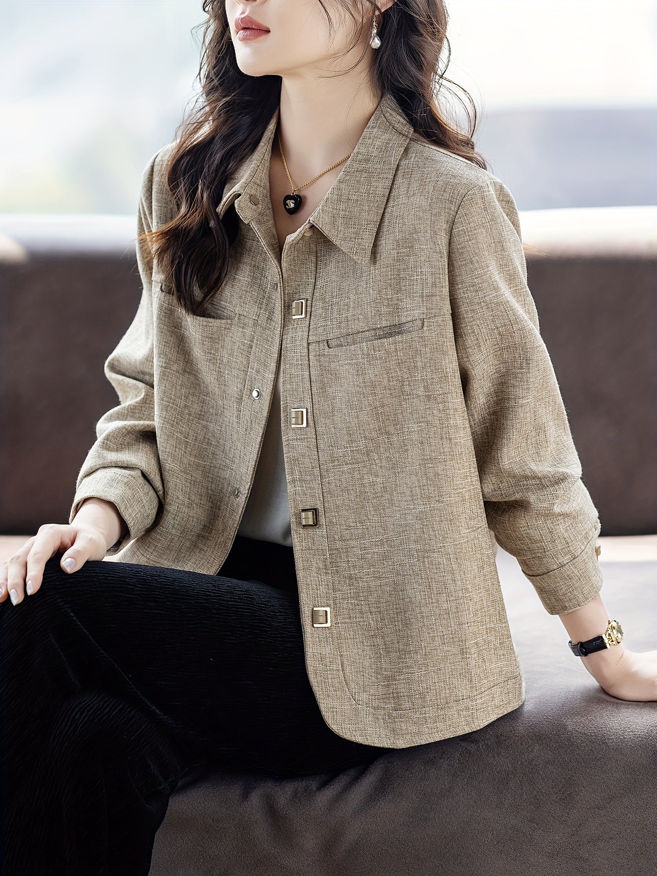 Women's Elegant Slim Fit Long Sleeve Jacket made of 100% Polyester with Asian Style Lapel Collar, Slight Stretch, and Button Detail. Ideal for Spring/Fall, available in Plus Size.