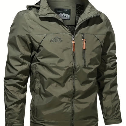 Men's Windproof Hooded Jacket for outdoor activities, machine washable.