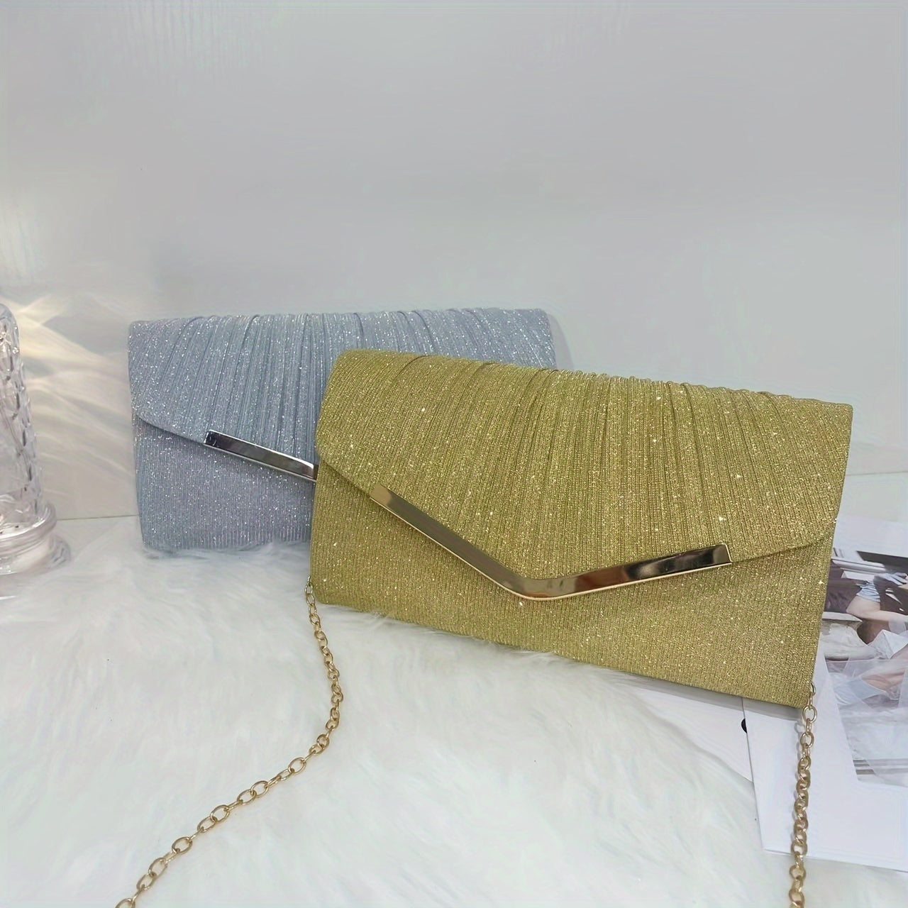 A dazzling envelope clutch adorned with gold accents, ideal for chic women at weddings and parties.