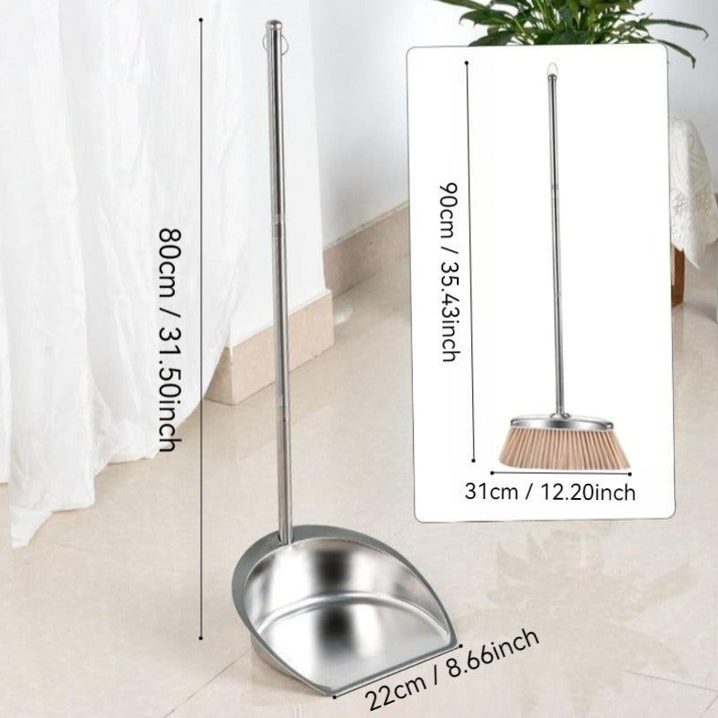 Two-piece Set of Stainless Steel Dustpan and Broom with Long Handle, Heavy-duty Upright Sweeping Brush with Hanging Ring, Ideal for Indoor Home Cleaning