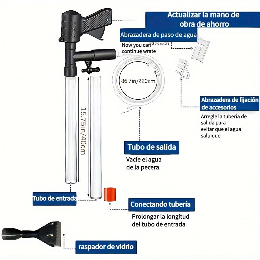 Multi-functional aquarium water changer tool set for easy maintenance and cleaning.