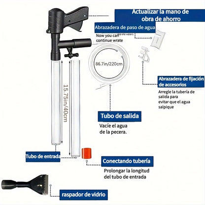 Multi-functional aquarium water changer tool set for easy maintenance and cleaning.