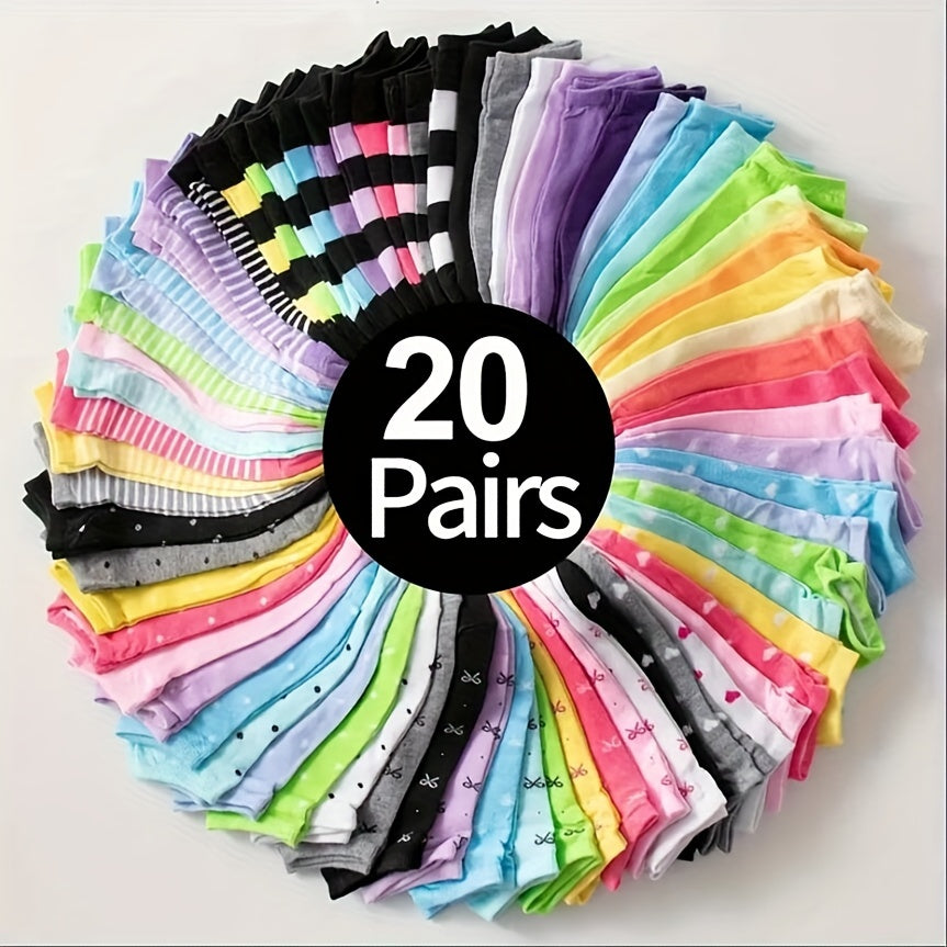 20 women's ankle socks in candy-colored heart and stripe patterns made of breathable polyester blend with ribbed detail, suitable for everyday casual wear.