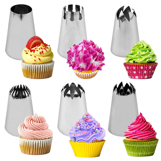 Set of 6 Large Stainless Steel Icing Piping Nozzles for Cupcake Decorating, DIY Baking, Cake and Cookie Decorating. Perfect for Christmas, Halloween, Easter, Hanukkah and Thanksgiving celebrations.