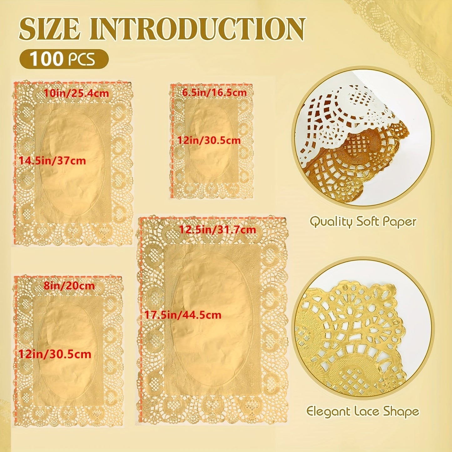 Pack of 100 Rectangle Golden Paper Doilies Placemats, Lace Paper Doilies Pad, Disposable Paper Doilies Placemats - Perfect for Desserts, Fried Foods, Cakes, Crafts, Wedding Parties, and Cake Packaging on Table Decorations