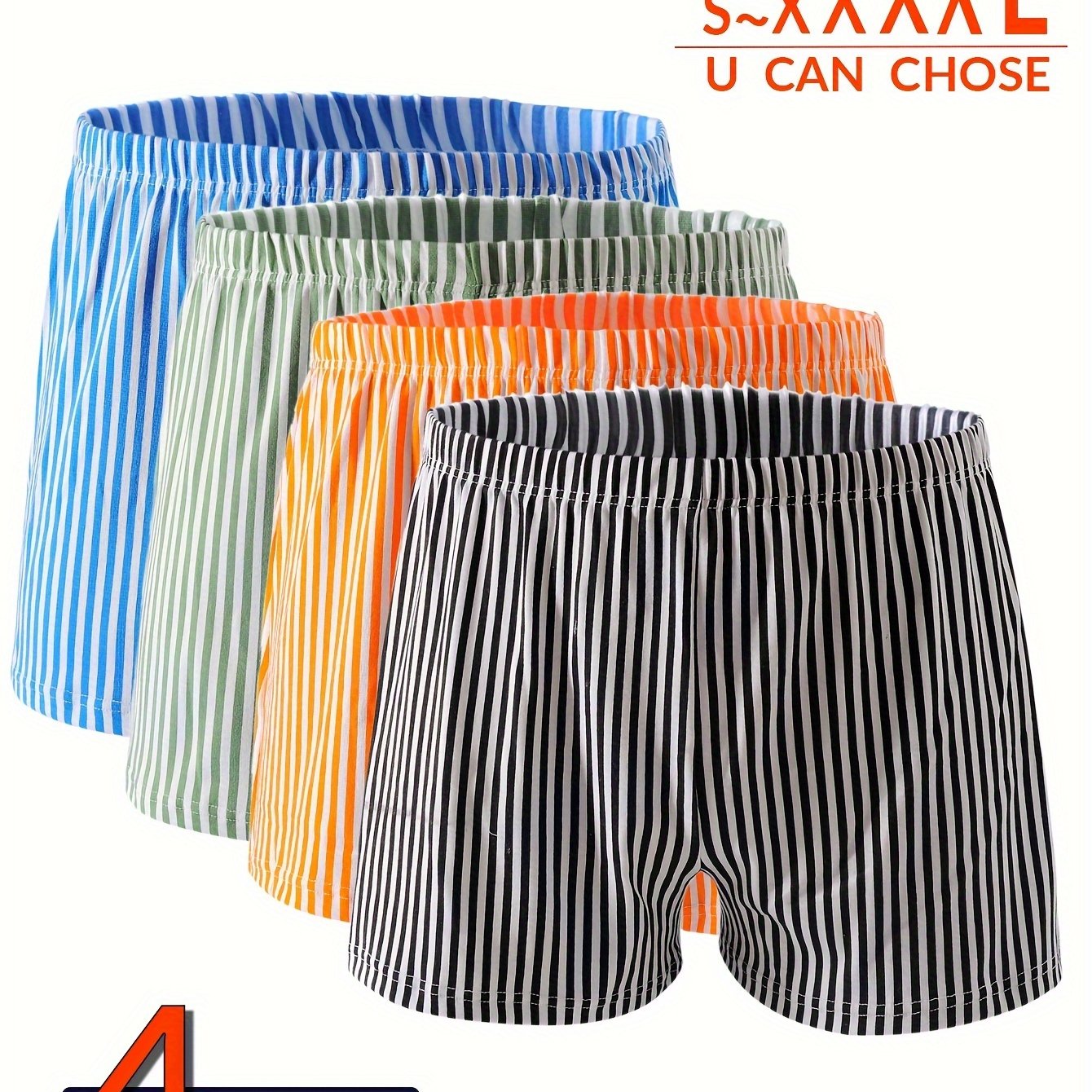 Men's Boxer Briefs 4-Pack: Striped, Comfortable, Breathable, Polyester/Spandex Blend, Elastic Waistband, Casual Style, Long and Wide Legs, Ideal for Home and Travel.