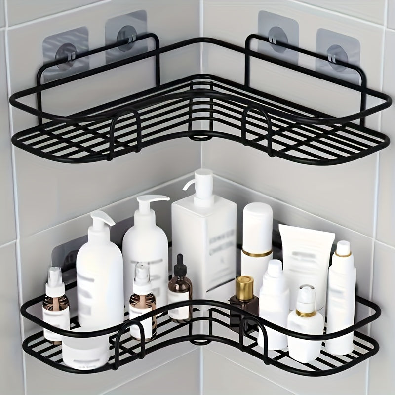 Compact corner shelf for easy installation without drilling, ideal for organizing bathroom and kitchen essentials.