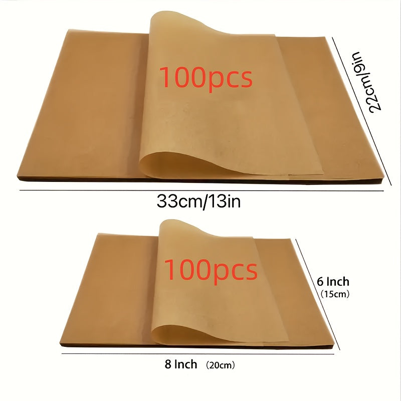 100 unbleached parchment paper sheets, pre-cut for baking, cooking, grilling, frying, and steaming in the home kitchen.