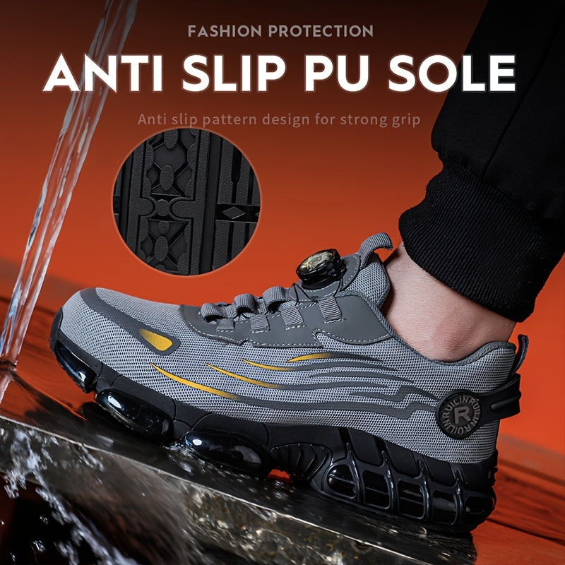 Men's steel toe safety sneakers with rotary button closure for all-season protection during work and outdoor activities.