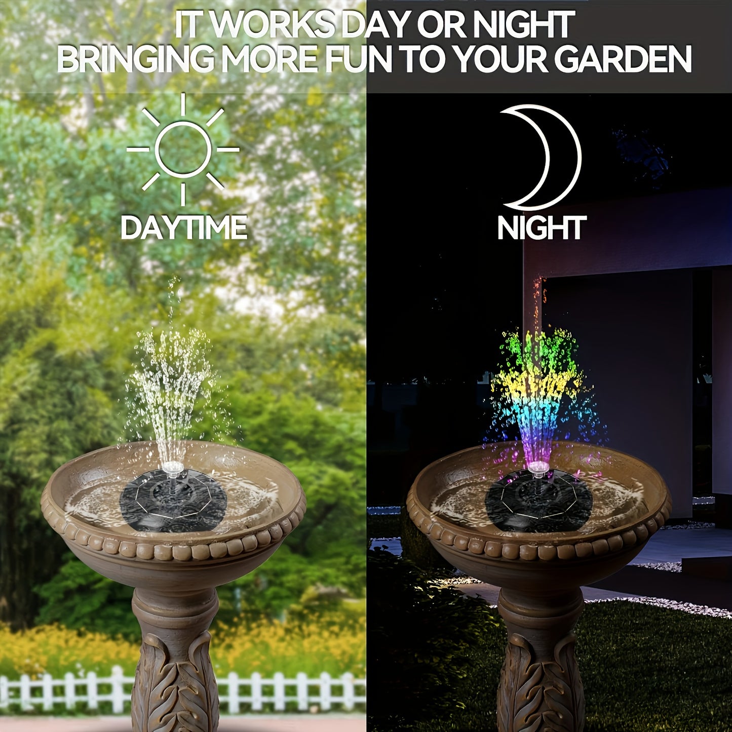 Solar-powered floating bird bath fountain pump for garden, pond, and pool.