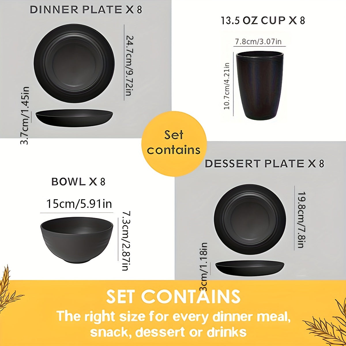 32 matte black plastic kitchen utensils for home and restaurant use, including dinner plates, dessert plates, bowls, and cups.