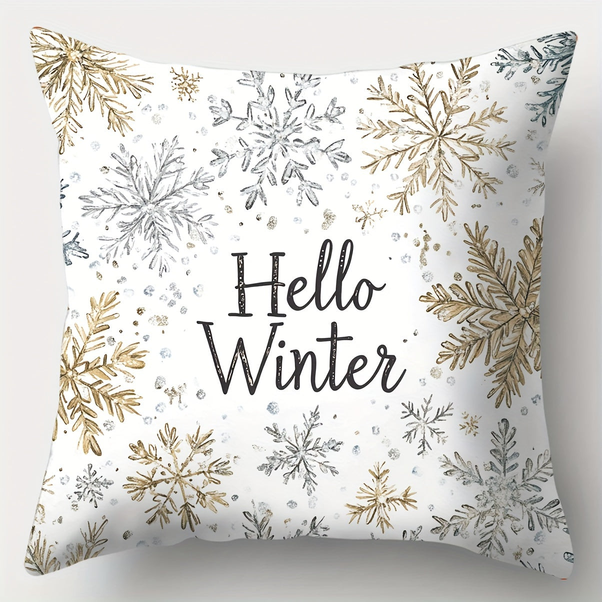 4-Pack Christmas throw pillow covers with festive golden and gray prints featuring snowman, trees, and winter designs. Made of polyester with zipper closure, machine washable. Ideal for living room decor. Woven pillowcases, pillow core not included.