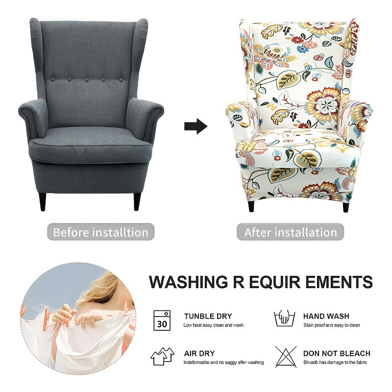 Set of 2 milk stretchy wingback armchair covers for furniture protection in the living room.