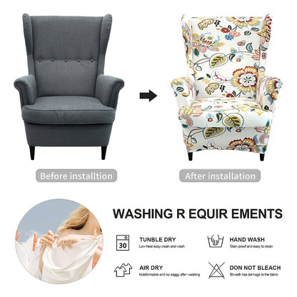 Set of 2 milk stretchy wingback armchair covers for furniture protection in the living room.