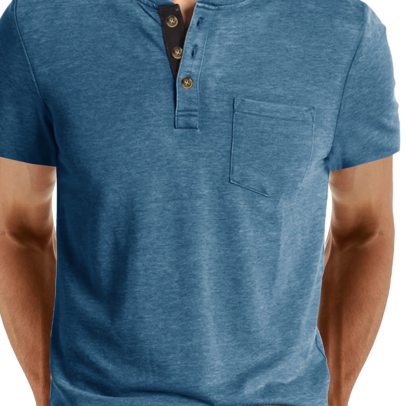 Men's Classic Blue Henley Shirt with Comfortable Fit, Casual Short Sleeve, Chest Pocket, Round Neck, Machine Washable - Ideal for Casual Attire.