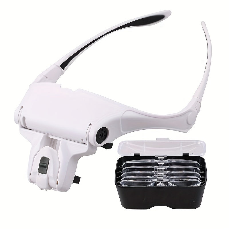 Adjustable headband magnifier with LED light includes 5 lenses with 1.0X to 3.5X zoom. Perfect for jewelry, crafts, watch repair, hobbies, and everyday office use (batteries not included).