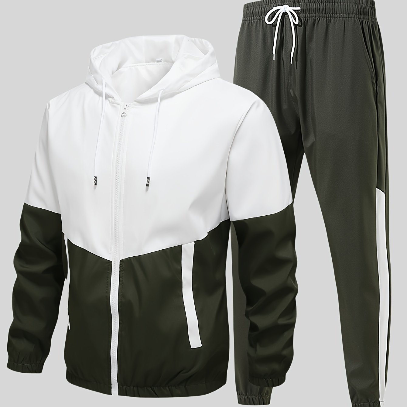 Men's 2-piece casual sports set with hooded jacket and pants in a stylish color block design for a trendy athletic look during spring or autumn.