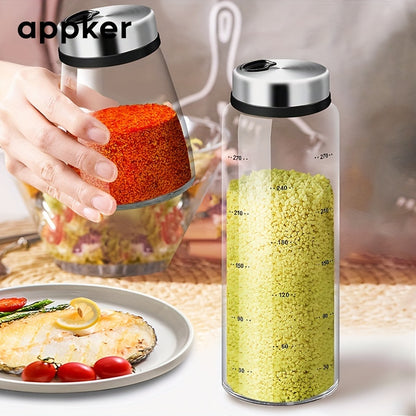 Clear glass spice jars with lids in 180ml, 300ml, and 500ml sizes, complete with spoons. Ideal for storing seasoning, salt, pepper, and other spices in the kitchen.