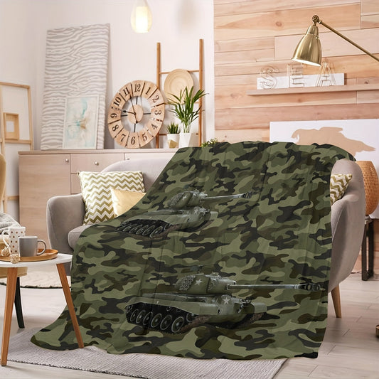 Introducing the 1pc Army Green Tank Throw Blanket, perfect for boys and girls. This Dark Green Camouflage blanket is soft, lightweight, and features a stylish Digital Print Camouflage Tank Car Theme. Suitable for all seasons, it can be used as a Bed