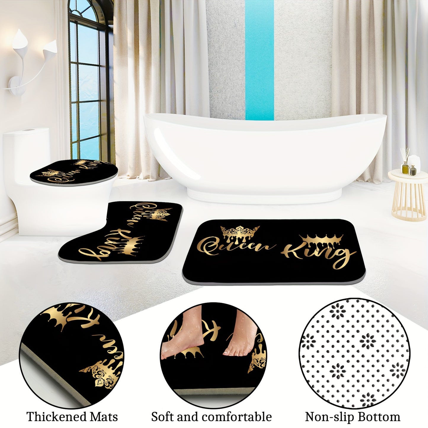 1pc/4pcs King and Queen Polyester Waterproof Insulation Bathroom Shower Curtain + 12 Hooks, Non-slip Mat, U-shaped Floor Mat, Round Toilet Seat Mat Set for All Scenes