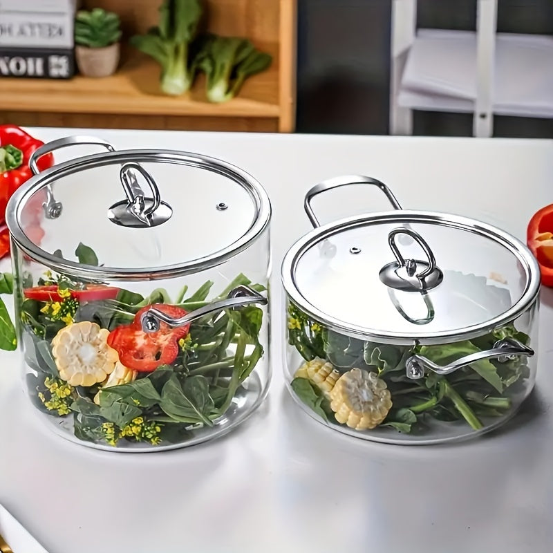 One piece of large-capacity high-boron-silicon glass soup pot with double ears and lid, featuring a stainless steel handle. Suitable for use on household electric ceramic stoves for heating and cooking various dishes such as noodles and stews.