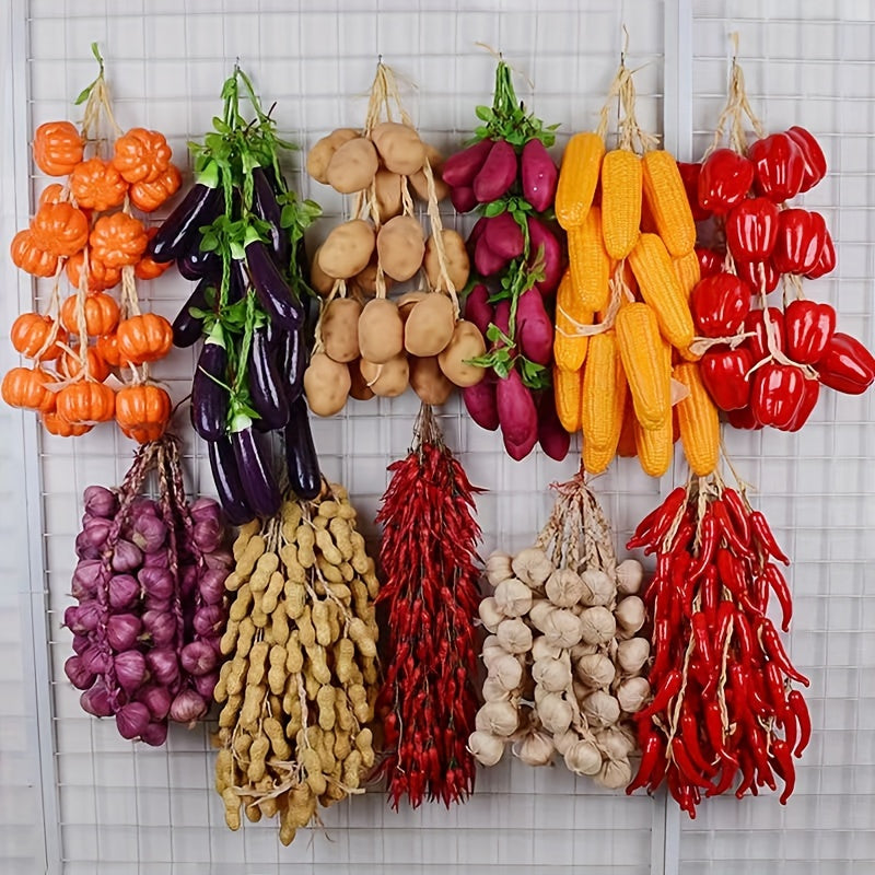 Artificial foam fruit set for Chinese-style photo props and restaurant decor, includes onion, garlic, corn, and red pepper.