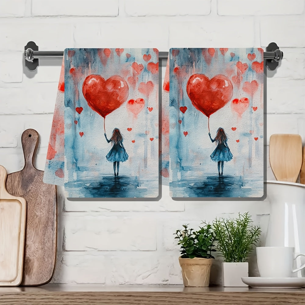 2 Romantic Heart Balloon Kitchen Towels - Made with Ultra Soft and Highly Absorbent Polyester Material, 40.64x60.96 cm in size. These machine washable dish hand towels are perfect for Valentine's Day decor and everyday use.