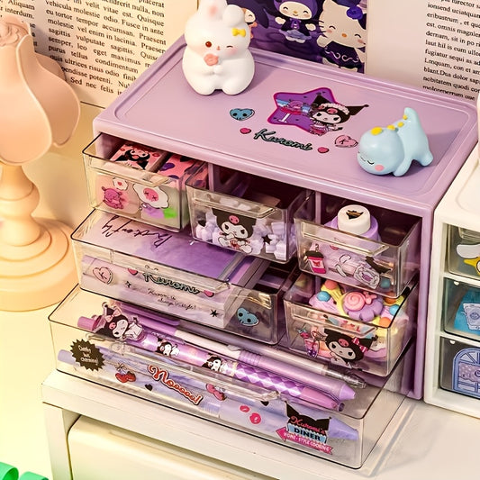 Hello Kitty & Friends desk organizer with 9 compartments, ideal for girls to store school supplies and stationery. Transparent with drawers for easy organization at home.