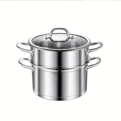 This 3-piece set of stainless steel steamer pots comes with a separate steamer basket, perfect for versatile soup and steam cooking. The pots feature a triple layer composite bottom for even and quick heat distribution, with a one-piece die-cast design.