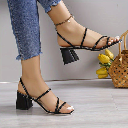 Chunky heel sandals with square toe and slip-on design for women, perfect for casual summer wear.