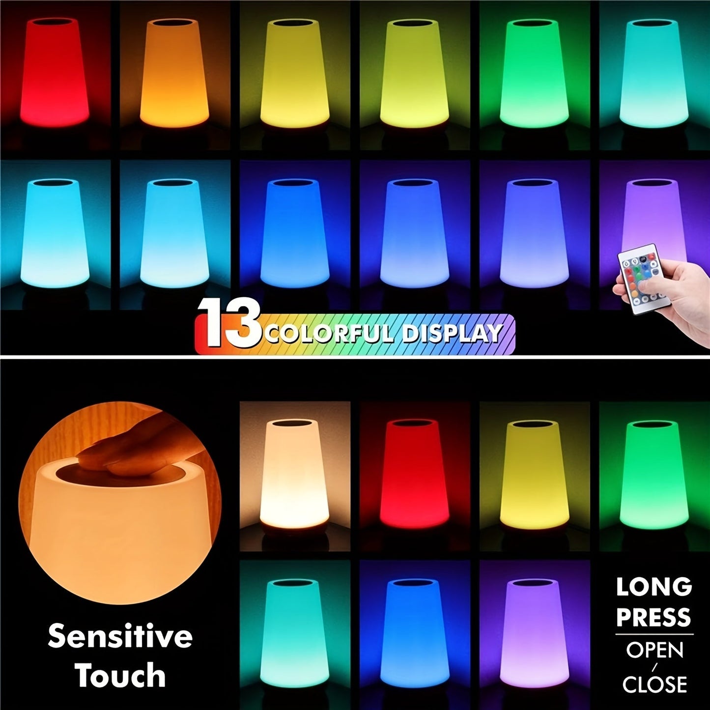 Bestseller: USB Rechargeable Touch Night Lamp with Remote Control - Warm White LED, 13-Color RGB, Portable & Smart with 5 Levels of Brightness, Polymer Battery, Sensor Light.