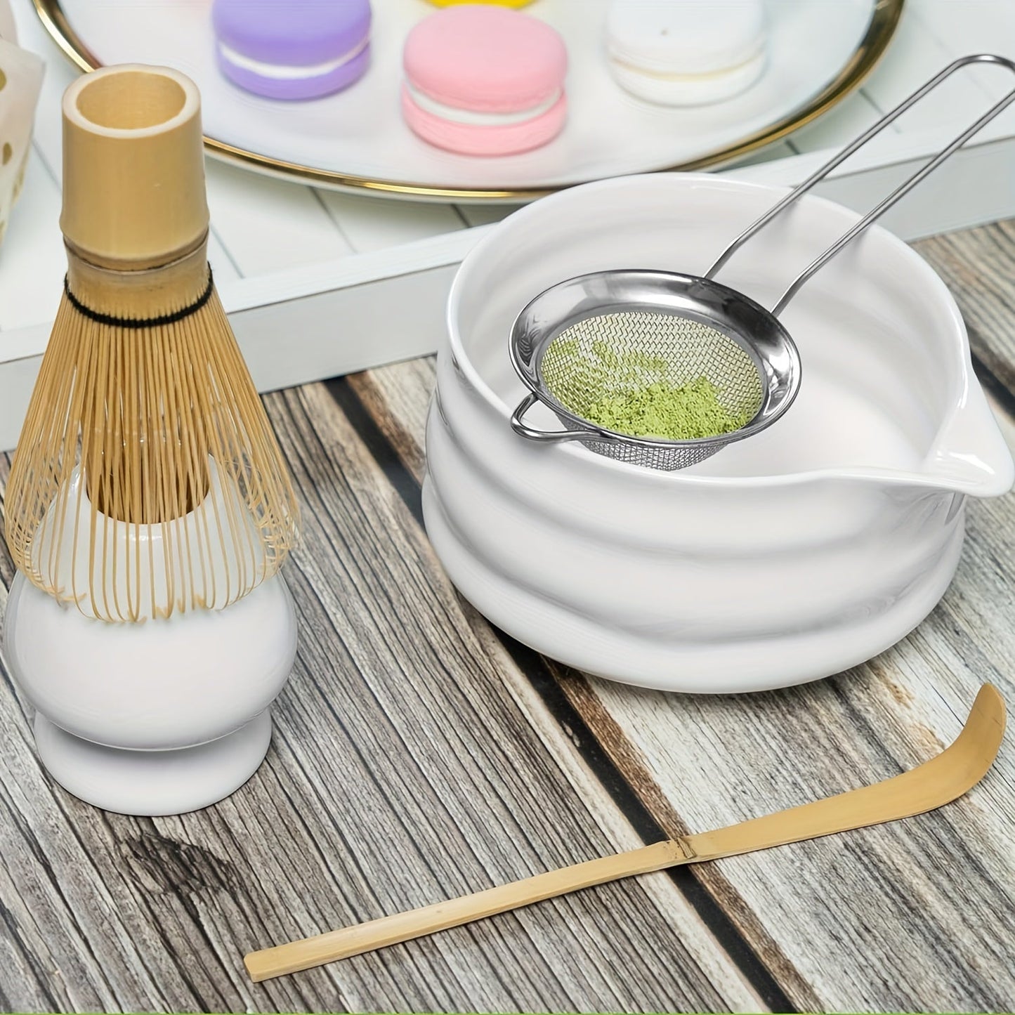 Authentic Japanese Matcha Ceremony Kit: Includes Ceramic Tea Bowl, Bamboo Tea Whisk, Gold-Plated Tea Scoop, and Matcha Sieve - Ideal for Traditional Matcha Rituals