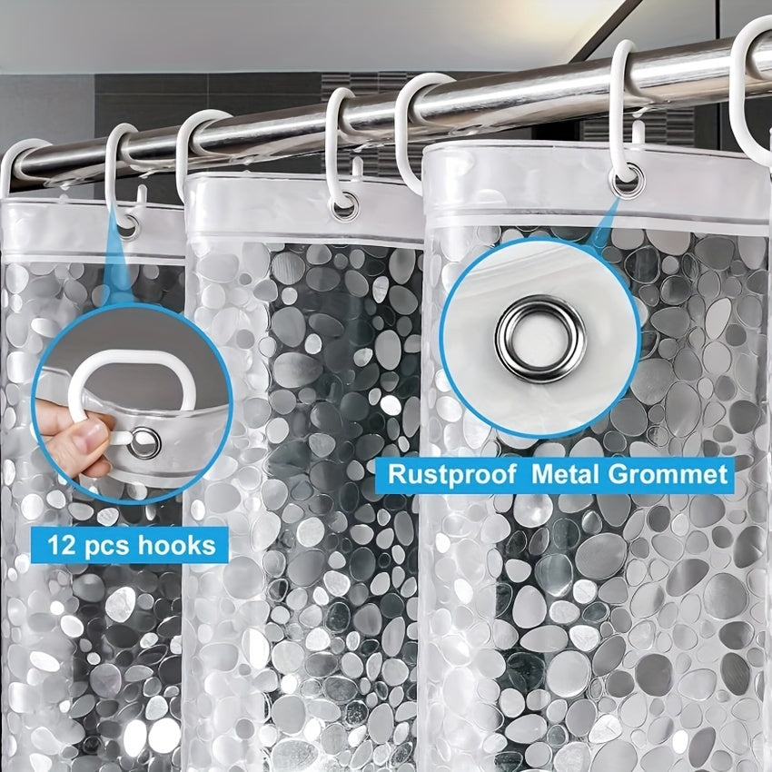 Waterproof cobblestone geometric shower curtain with hooks for bathroom decor.