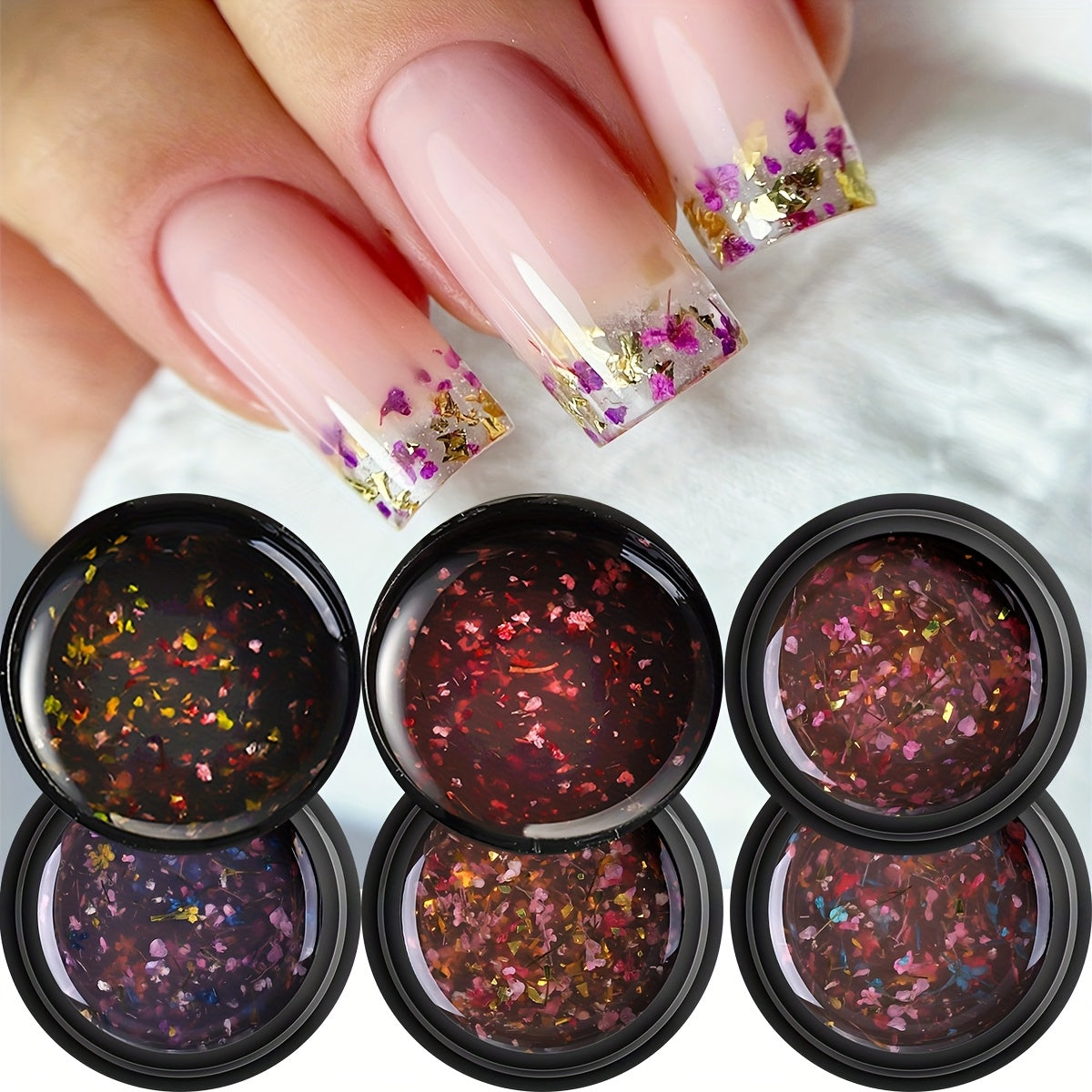 1 bottle of unscented metal compatible soak-off gel nail polish with dried flower design in colors of pink, red, yellow, and blue. Ideal for DIY manicures and nail art.