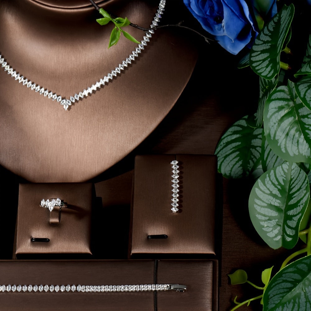 Exquisite Four-Piece Jewelry Set in Elegant Luxury Style - Featuring Copper with Platinum Plating and Synthetic Zirconia Accents, Perfect for Weddings and Banquets - Timeless Elegance for Any Occasion