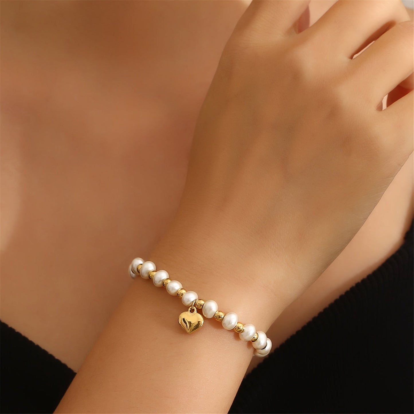 Valentines Day Jewelry Gift: Minimalist Hand Bracelet with Heart-Shaped Pendant and Faux Pearls, Stainless Steel Beads