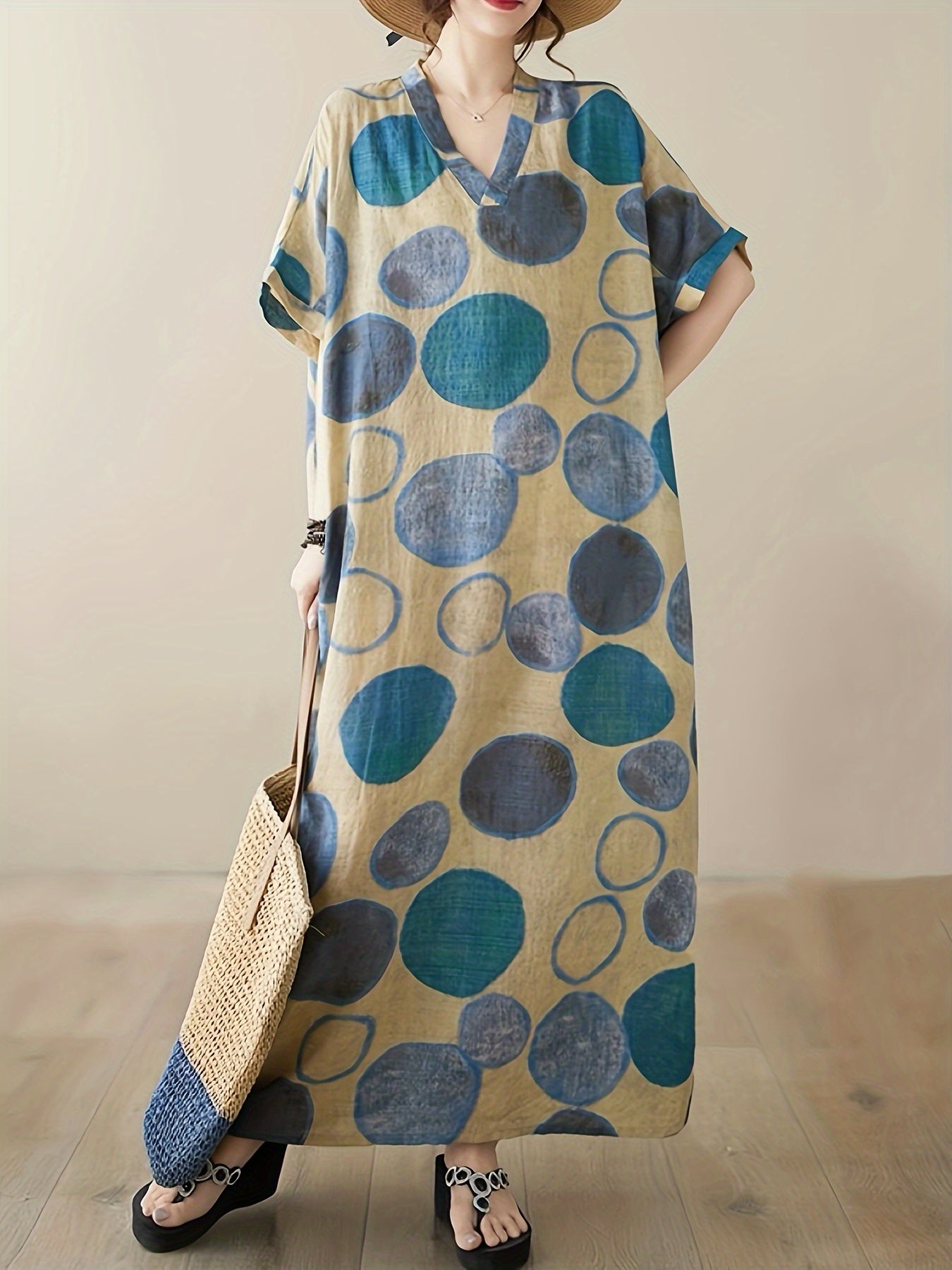 Large V-neck dress with circle print, short sleeves, pockets - perfect for beach vacations and travel cover-ups.