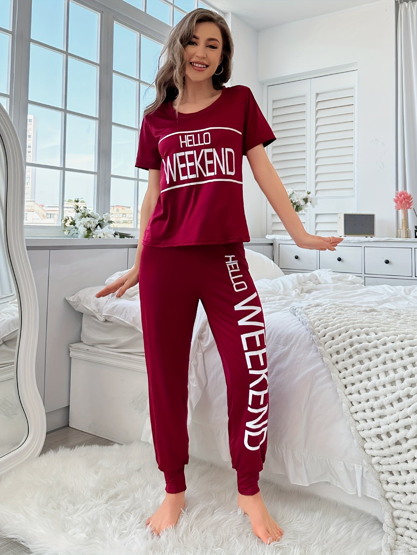 Women's Sleepwear Set with Letter Pattern, Short Sleeve Top and Long Pants