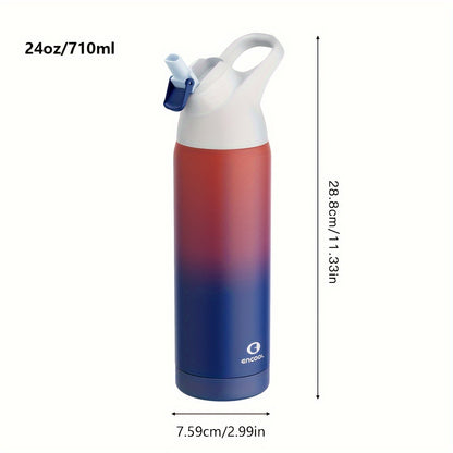 ENCOOL 24oz stainless steel water bottle with leak-proof Tritan lid, straw, and carry loop. Double wall insulated, PVC-free, round shape. Ideal for sports and travel. Hand wash only.