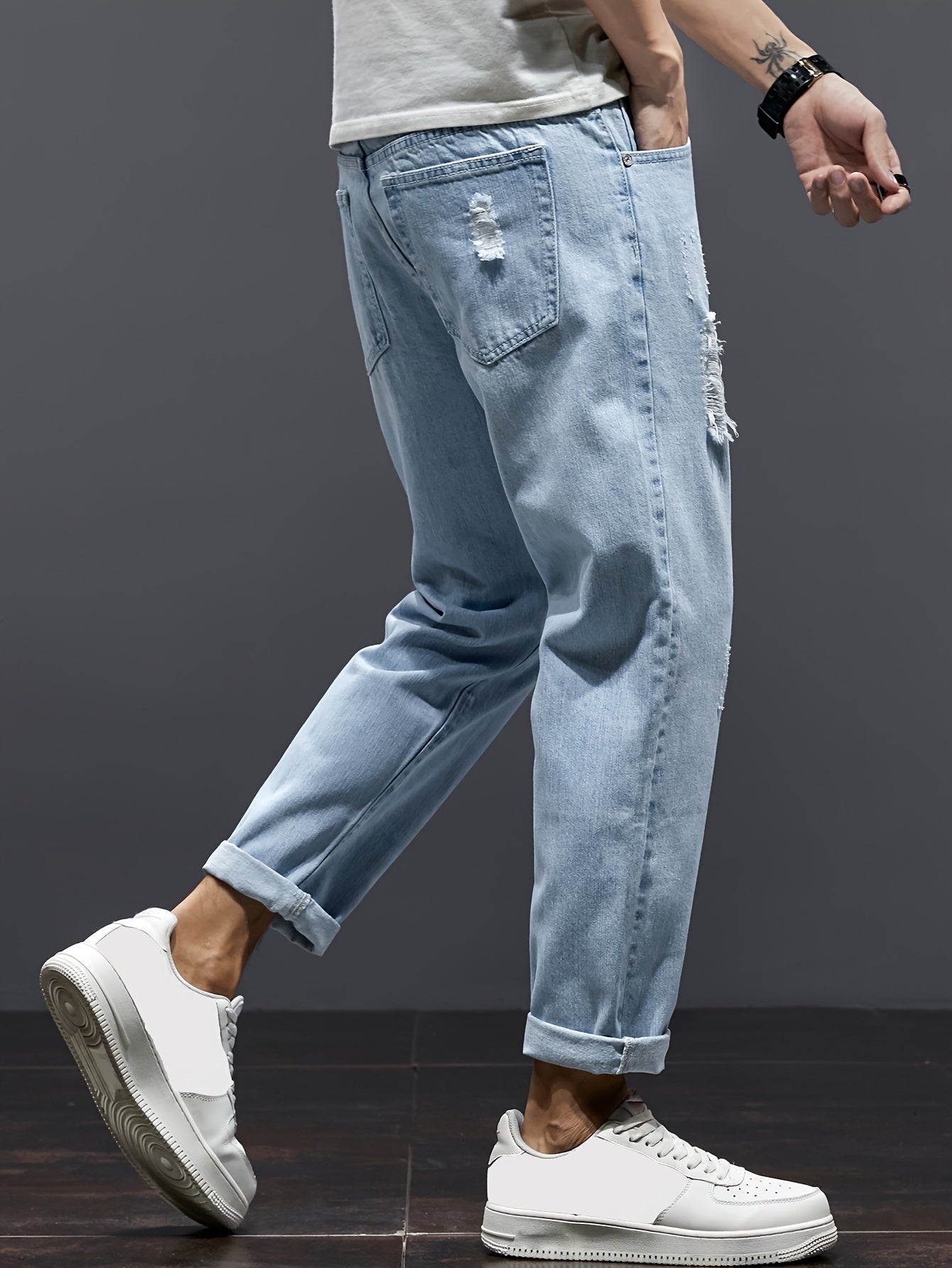 Summer 2024 Men's Distressed Denim Jeans: Straight leg, loose fit, stretch waist, trendy cropped casual pants with ripped detailing, machine washable.