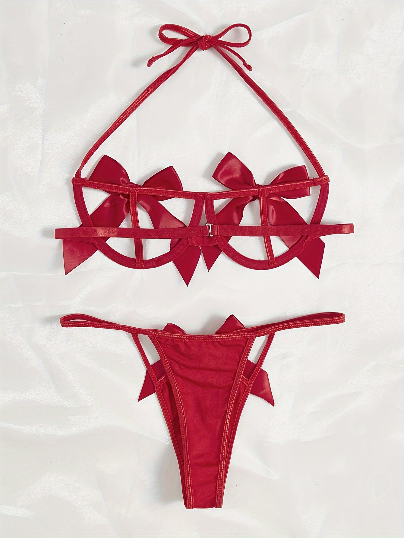 Seductive Bow Lingerie Set: Halter Bra, Cut Out Thong