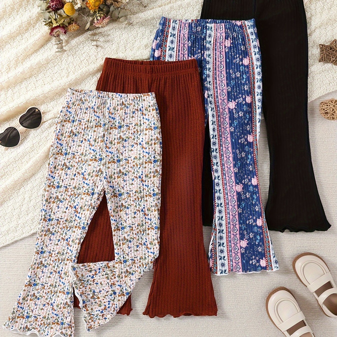 4 stylish girls' casual pants in houndstooth, leopard print, and solid colors. Made of polyester, machine washable. Ideal for spring/fall and outdoor wear.