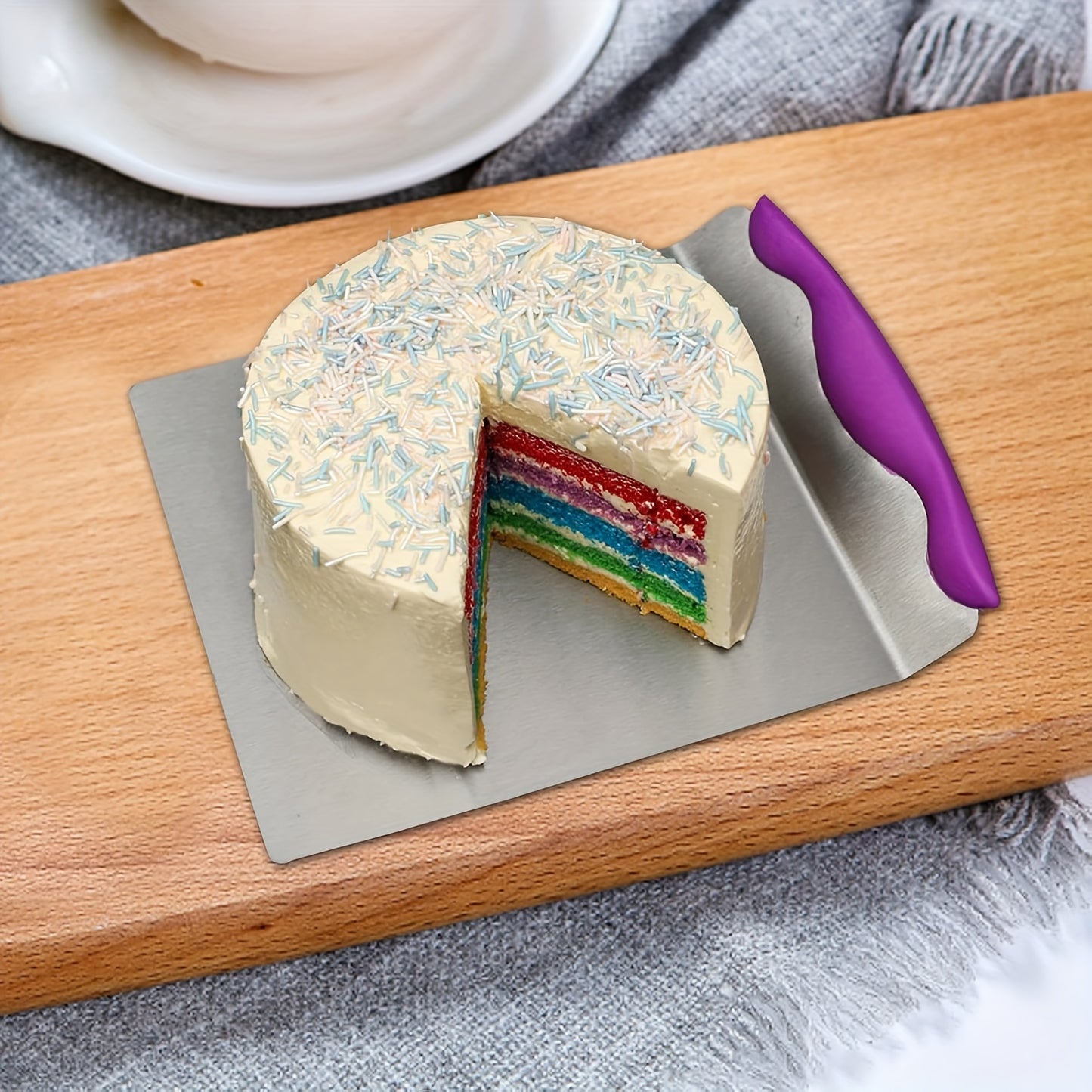 Premium stainless steel cake transfer board with silicone spatula, perfect for holiday baking, pastry, and pizza serving. Ideal for both home and professional use. Ergonomic design for professional baking aid.