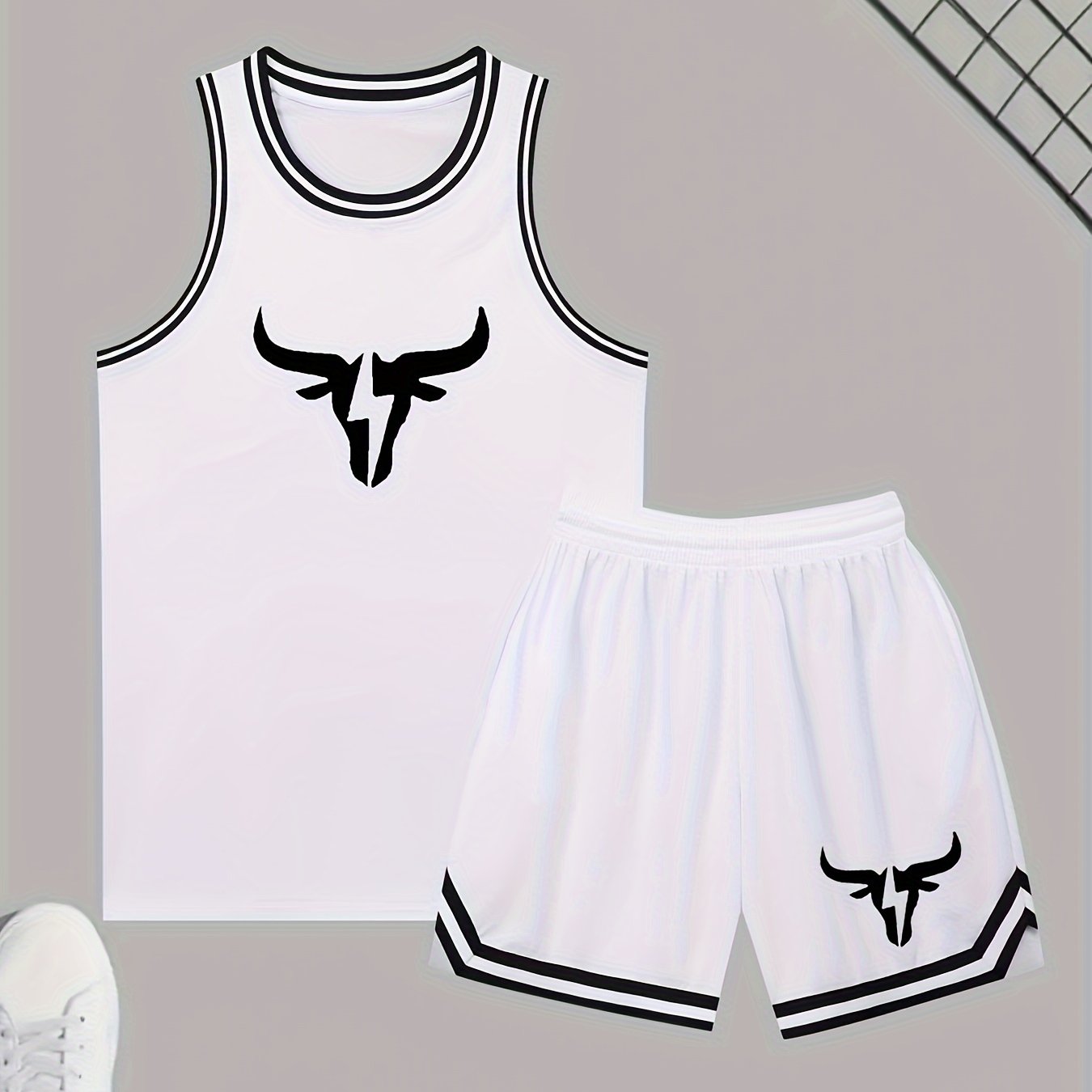 Men's athletic tank top and shorts set made of polyester knit fabric with slight stretch. Features a casual sports style, solid color with logo detail, and all-season loose fit activewear.