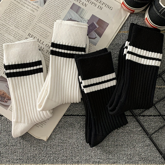 10 pairs of men's black and white long tube socks for autumn and winter, Japanese-style, absorbent, anti-odor, and versatile for sports.