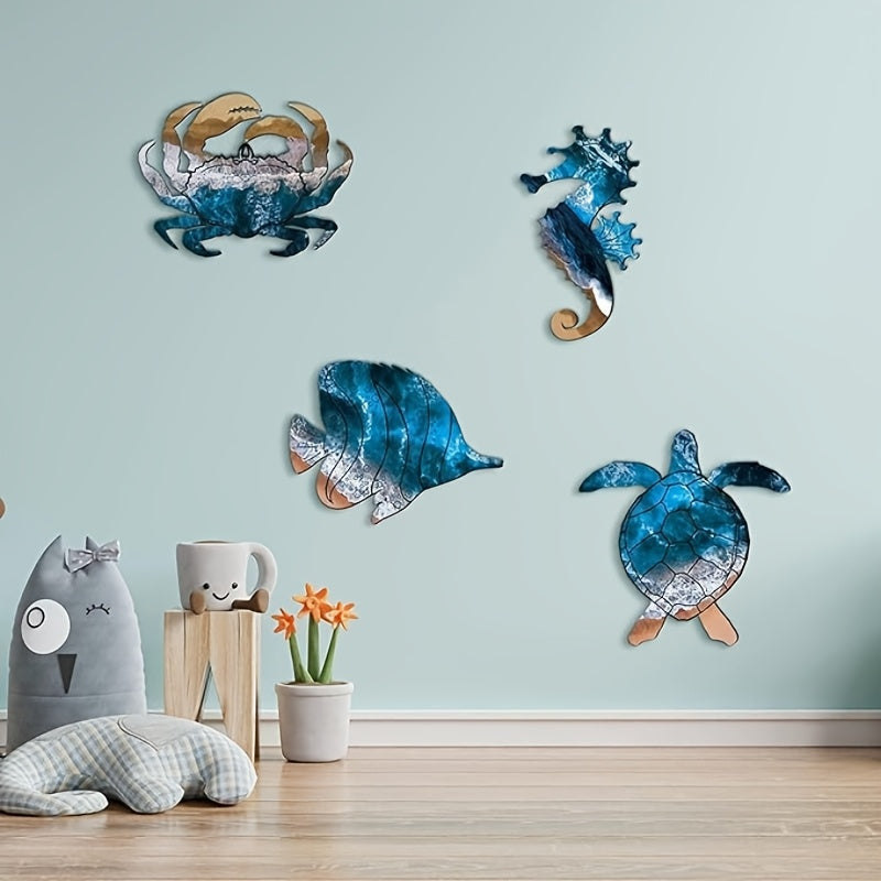 Ocean creatures such as sea turtles, crabs, seahorses, and swordfish, along with artistic jewelry, metal artworks, and outdoor wall decorations.